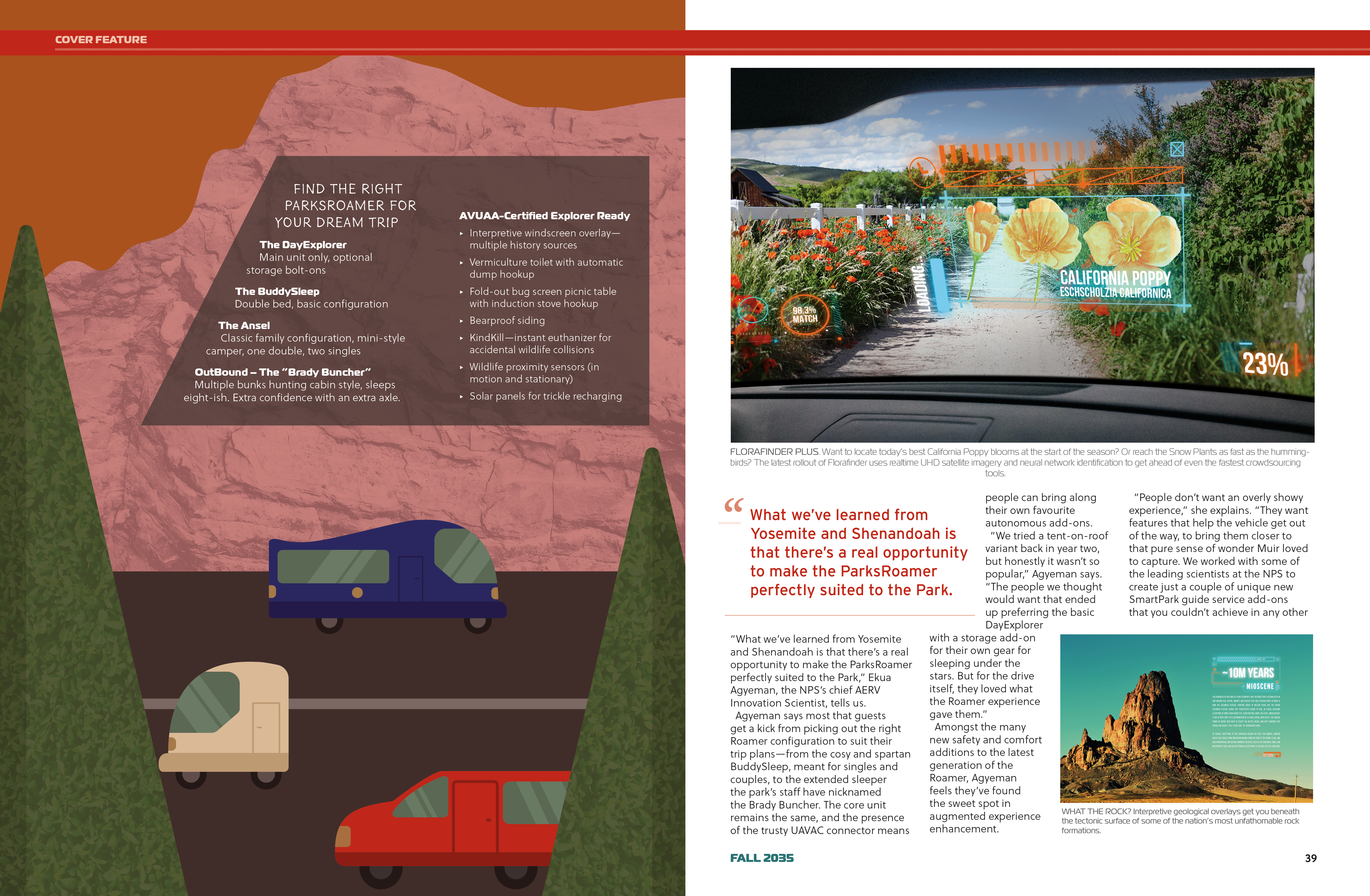 Spread from the Near Future Laboratory's magazine from a possible autonomous vehicle future